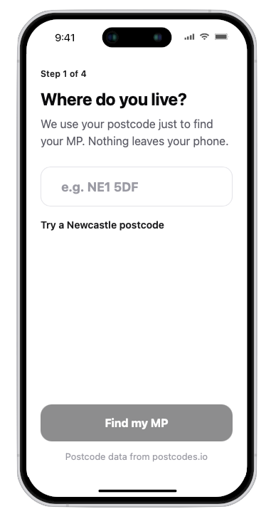 Postcode entry screen