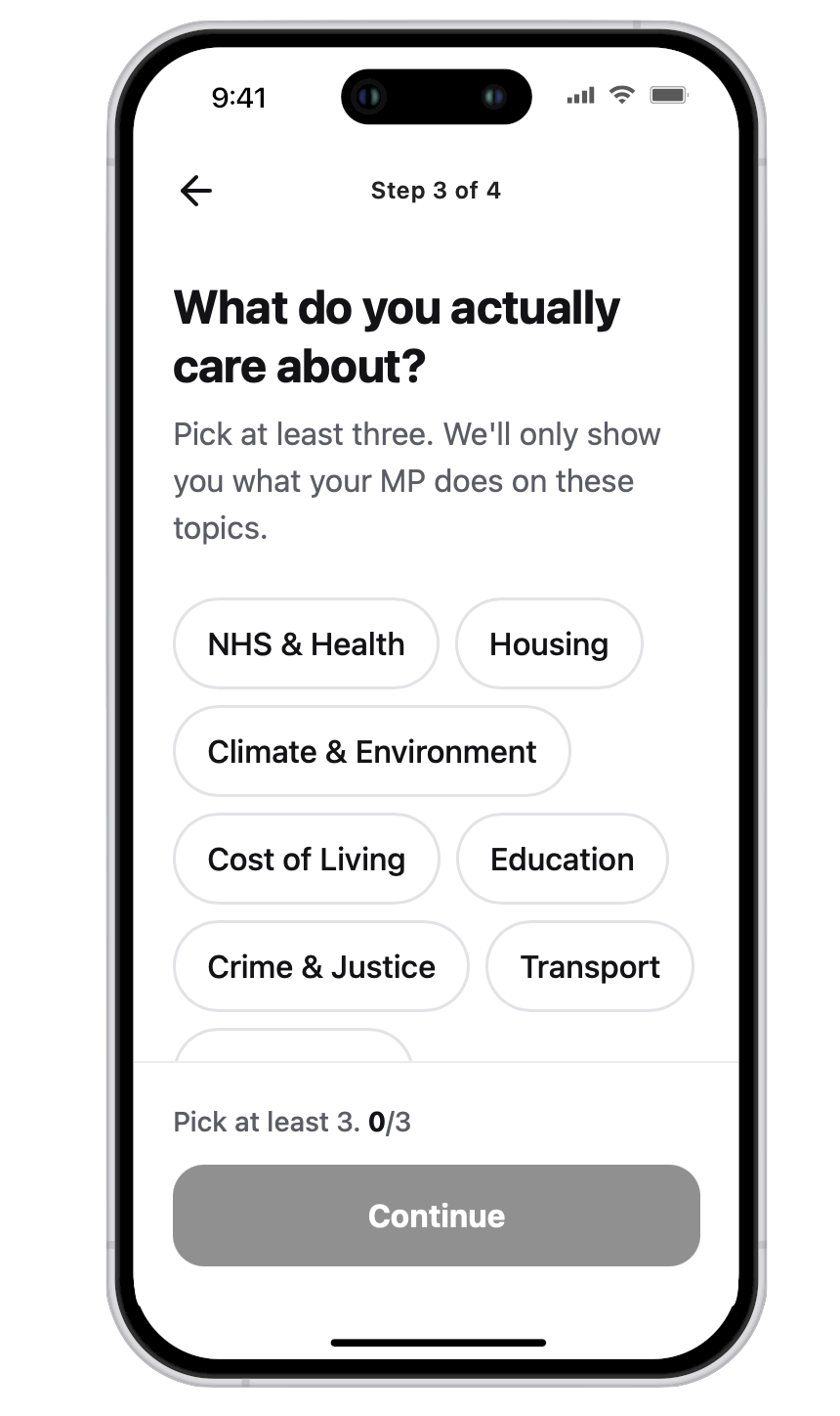 Topic selection screen